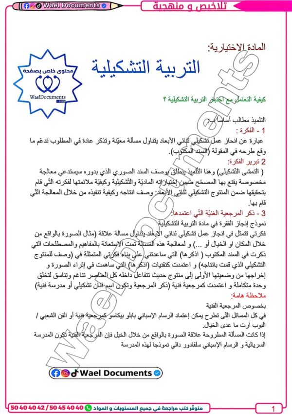 [TCH] التربية التشكيلية – ملخصات ومنهجية مرفوقة بمواضيع البكالوريا بيضاء (Couleurs)